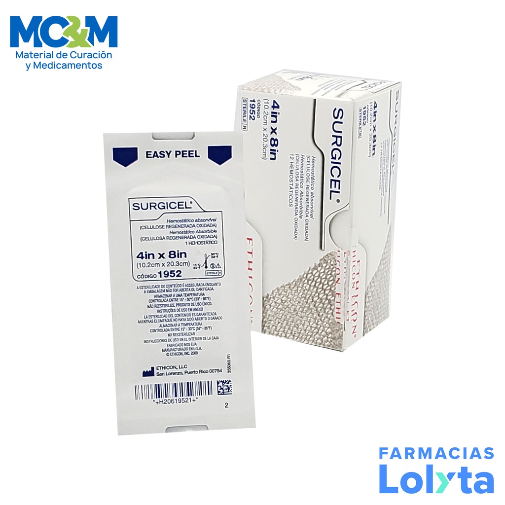 SURGICEL 10.2 X 20.3CM (4X8") HEMOSTATICO ABSORBIBLE (CELULOSA REGENERADA OXIDADA) REF 1952 ETHICON J&J