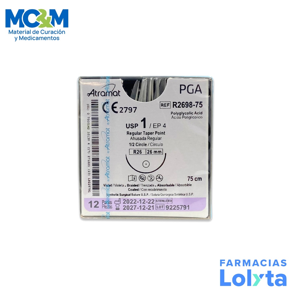 SUTURA ACIDO POLIGLICOLICO 1 26 MM 75 CM 1/2 AHUSADA REGULAR REDONDA C/12 R2698-75 ATRAMAT PGA