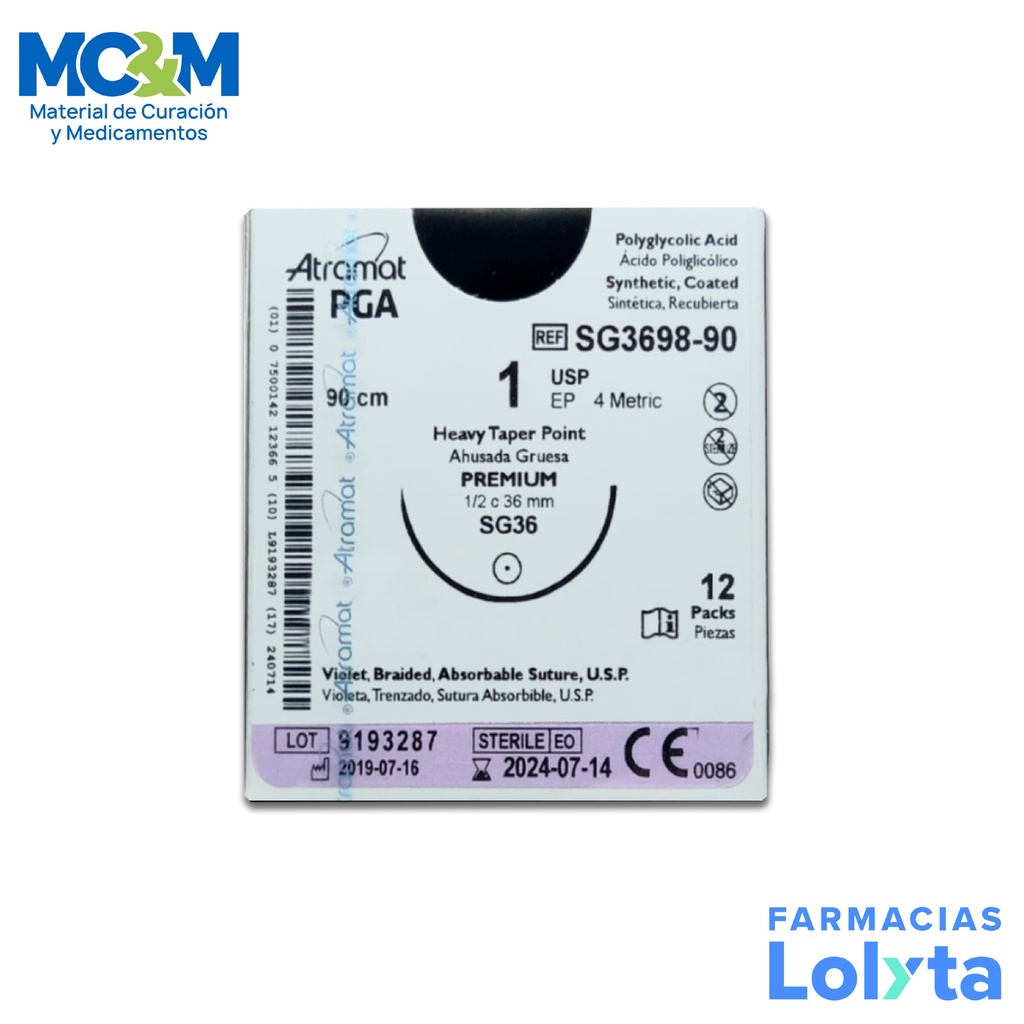 SUTURA ACIDO POLIGLICOLICO 1 37,36 MM 90 CM 1/2 AHUSADA GRUESA PREMIUM REDONDA  C/12 SG3698-90 ATRAMAT PGA