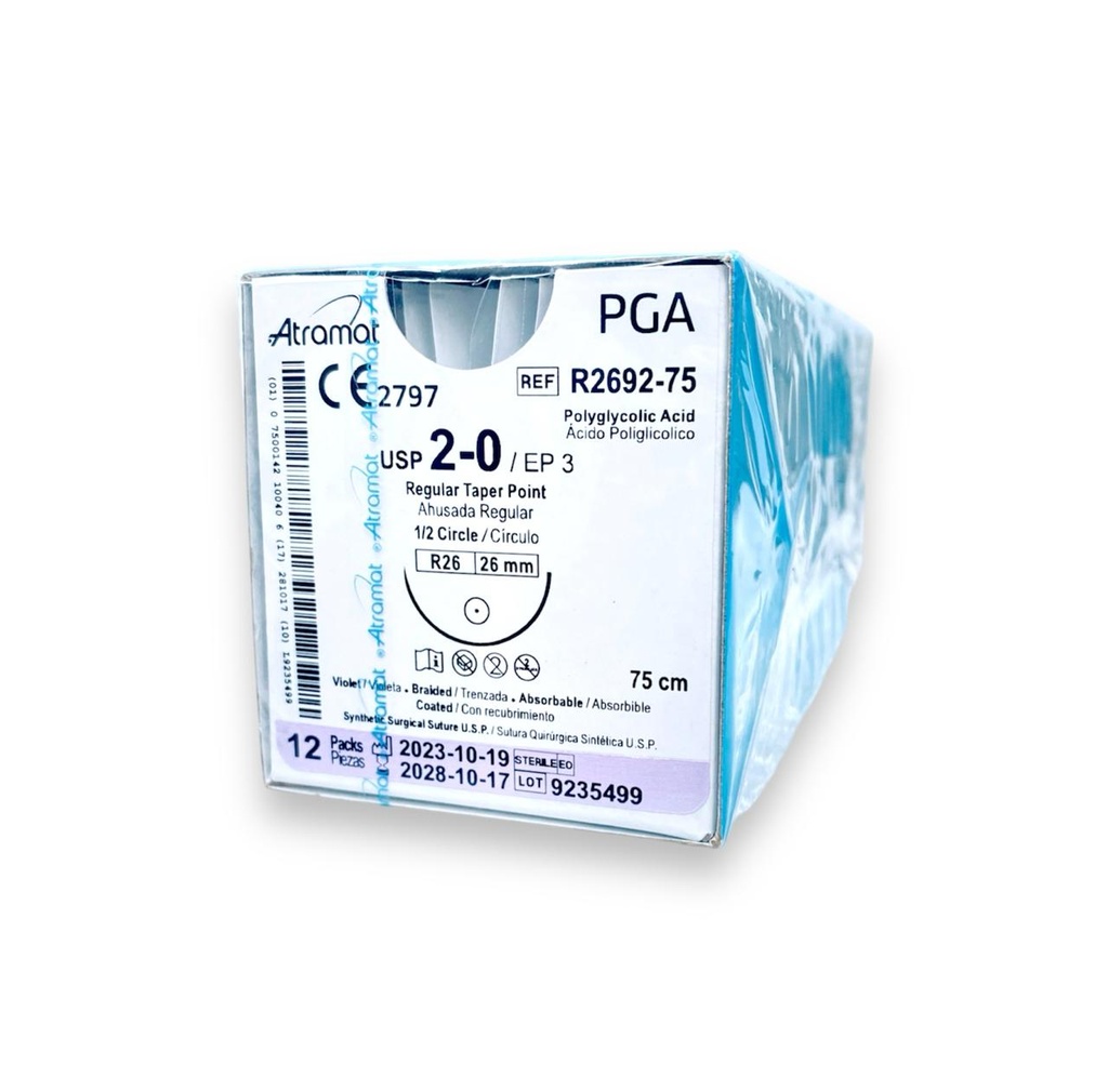 SUTURA ACIDO POLIGLICOLICO 2/0 26 MM 75 CM 1/2 AHUSADA REGULAR REDONDA C/12 R2692-75 ATRAMAT PGA