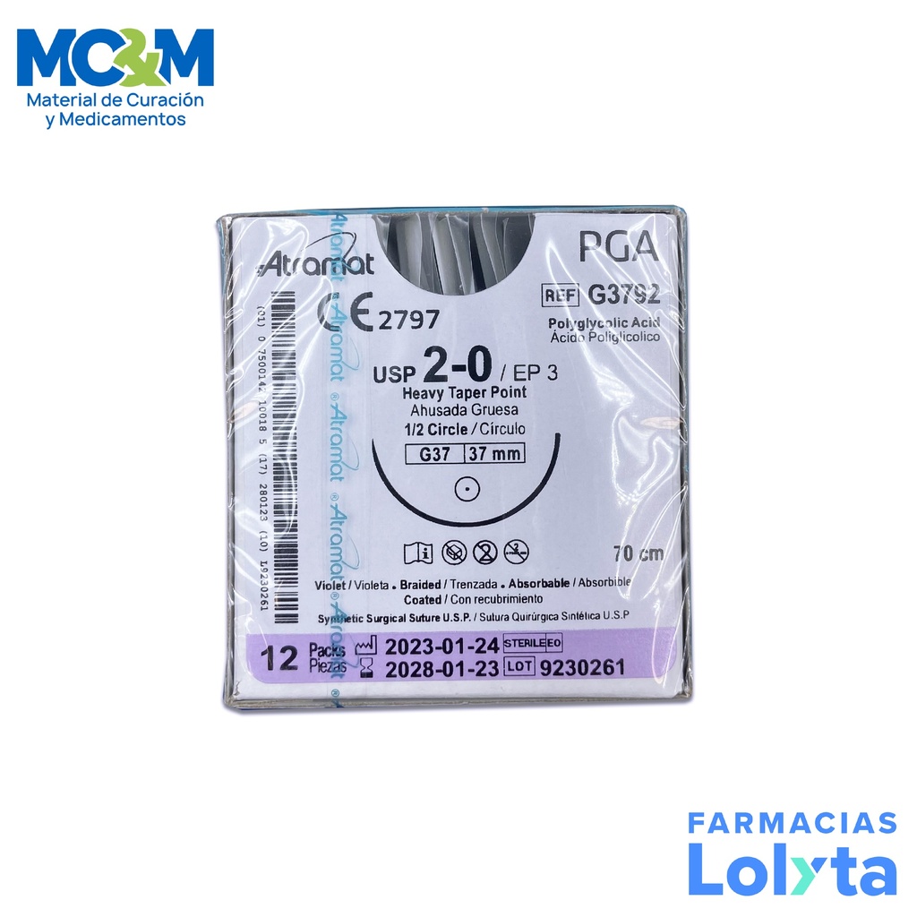 [995] SUTURA ACIDO POLIGLICOLICO 2/0 37,36 MM 70 CM 1/2 AHUSADA GRUESA REDONDA C/12 G3792 ATRAMAT PGA