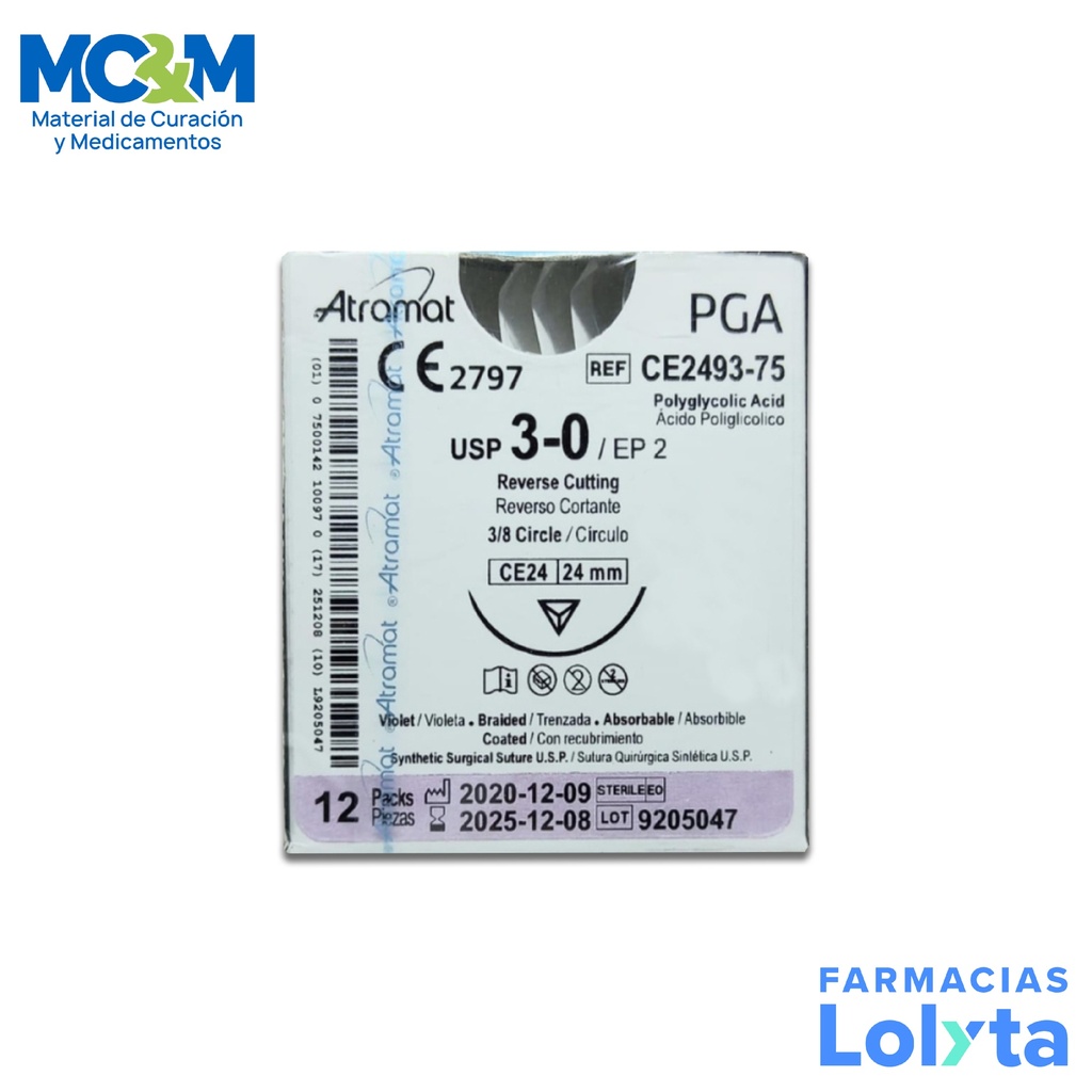 SUTURA ACIDO POLIGLICOLICO 3/0 24 MM 75 CM 3/8 REVERSO CORTANTE C/12 CE2493-75 ATRAMAT PGA