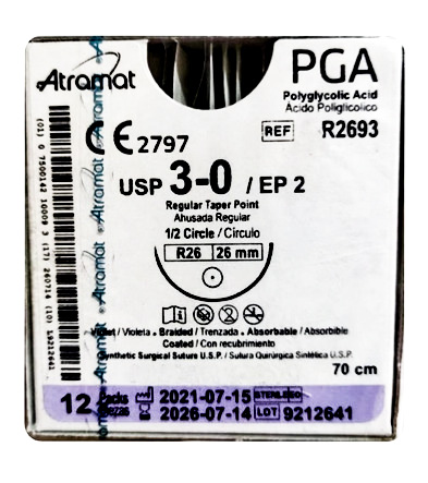 [2890] SUTURA ACIDO POLIGLICOLICO 3/0 26 MM 70 CM 1/2 AHUSADA REGULAR REDONDA C/12 R2693 ATRAMAT PGA