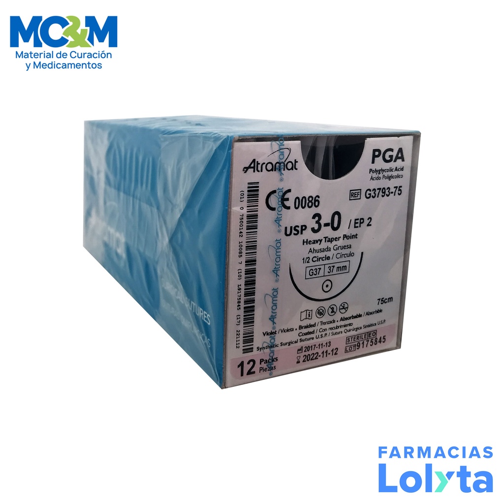 SUTURA ACIDO POLIGLICOLICO 3/0 37 MM 75 CM 1/2 AHUSADA GRUESA REDONDA C/12 G3793-75 ATRAMAT PGA