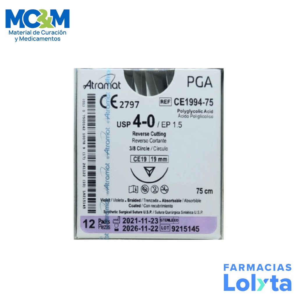 SUTURA ACIDO POLIGLICOLICO 4/0 19 MM 75 CM 3/8 REVERSO CORTANTE C/12 CE1994-75 ATRAMAT PGA