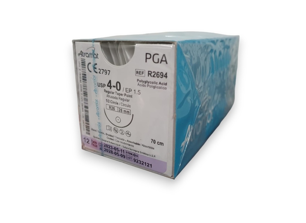 SUTURA ACIDO POLIGLICOLICO 4/0 26 MM 70 CM 1/2 AHUSADA REGULAR REDONDA C/12 R2694 ATRAMAT PGA
