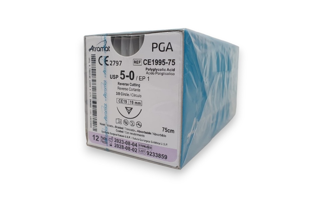SUTURA ACIDO POLIGLICOLICO 5/0 19 MM 75 CM 3/8 REVERSO CORTANTE C/12 CE1995-75 ATRAMAT PGA