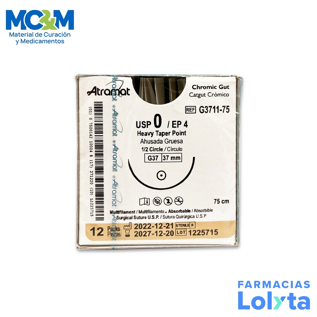 SUTURA CATGUT CROMICO 0 37 MM 75 CM 1/2 AHUSADA GRUESA REDONDA C/12 G3711-75 ATRAMAT