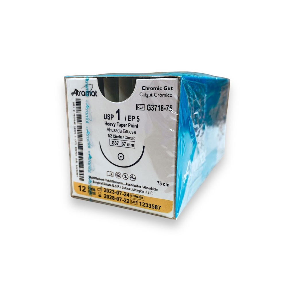 SUTURA CATGUT CROMICO 1 37 MM 75 CM 1/2 AHUSADA GRUESA REDONDA C/12 G3718-75 ATRAMAT