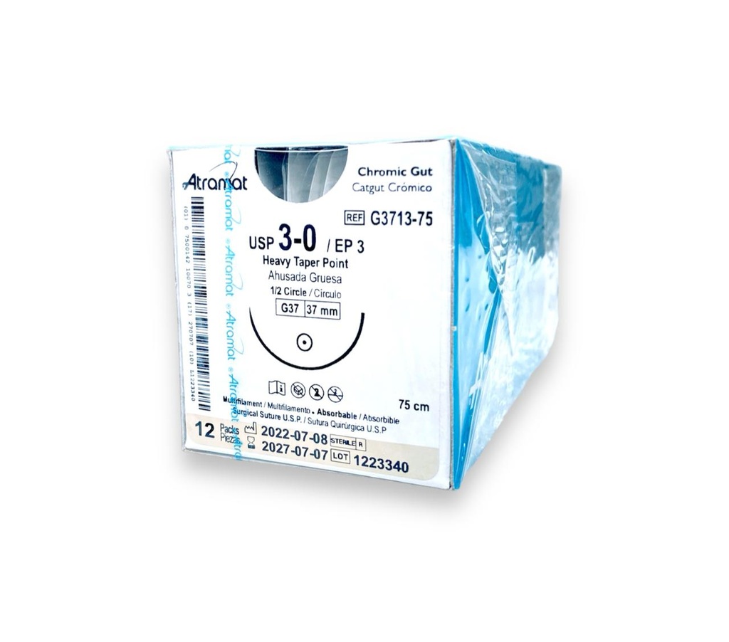 SUTURA CATGUT CROMICO 3/0 37 MM 75 CM 1/2 AHUSADA GRUESA REDONDA C/12 G3713-75 ATRAMAT