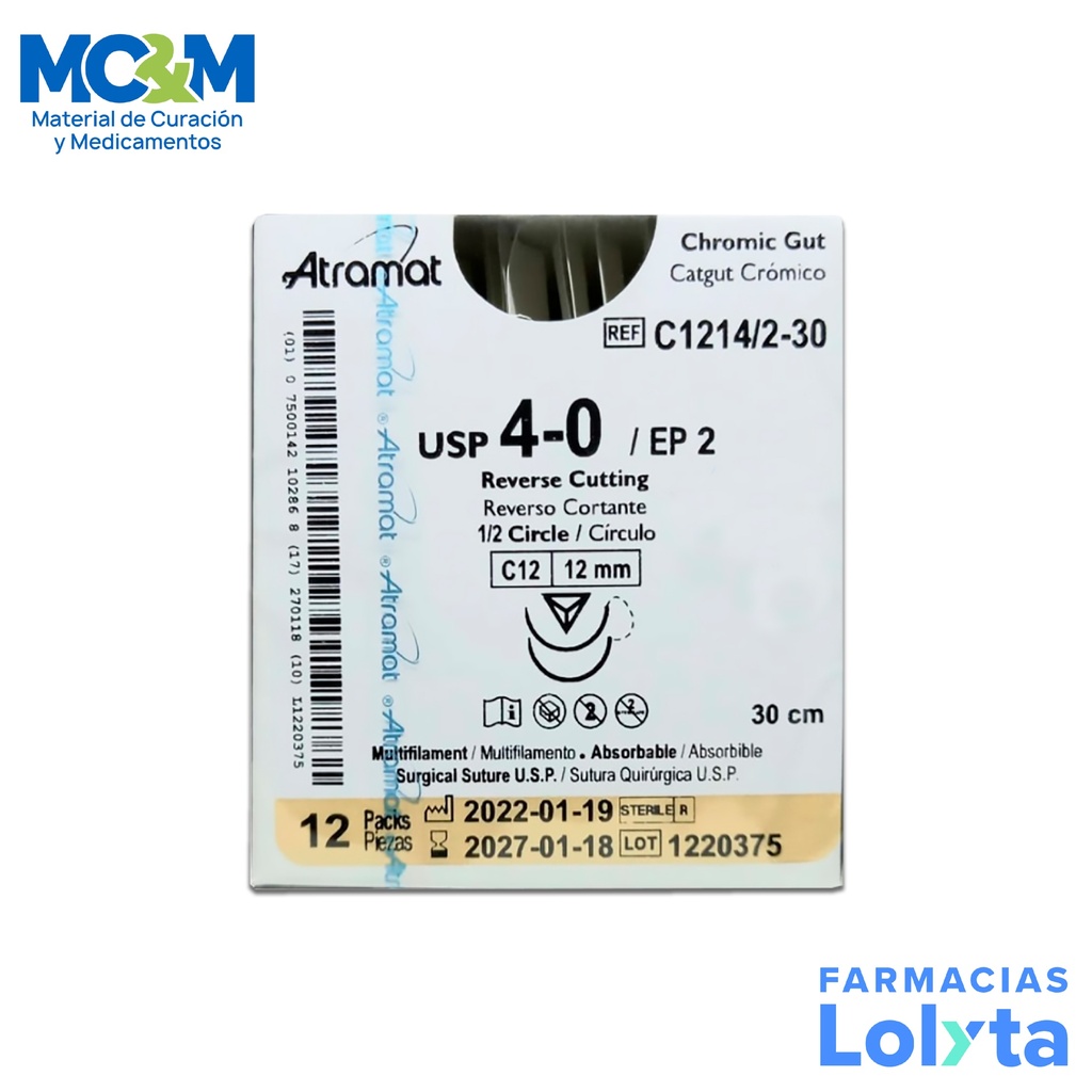 SUTURA CATGUT CROMICO 4/0 12 MM 30 CM 1/2 REVERSO CORTANTE DOBLE ARMADA C/12 C1214/2-30 ATRAMAT