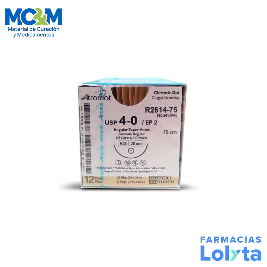 SUTURA CATGUT CROMICO 4/0 26 MM 75 CM 1/2 AHUSADA REGULAR REDONDA C/12 R2614-75 ATRAMAT