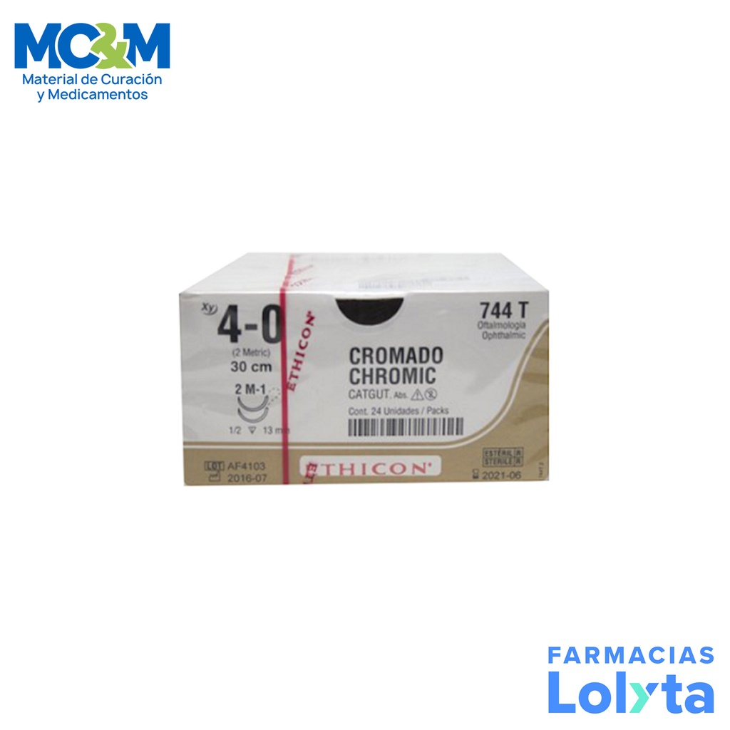 SUTURA CATGUT CROMICO 4/0 13 MM 30 CM 2M-1 REVERSO CORTANTE DOBLE ARMADA C/12 744T ETHICON OFTALMOLOGIA