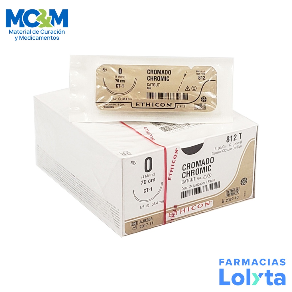 SUTURA CATGUT CROMICO 0 36.4 MM 70 CM CT-1 AHUSADA REDONDA C/12 812T ETHICON GENERAL