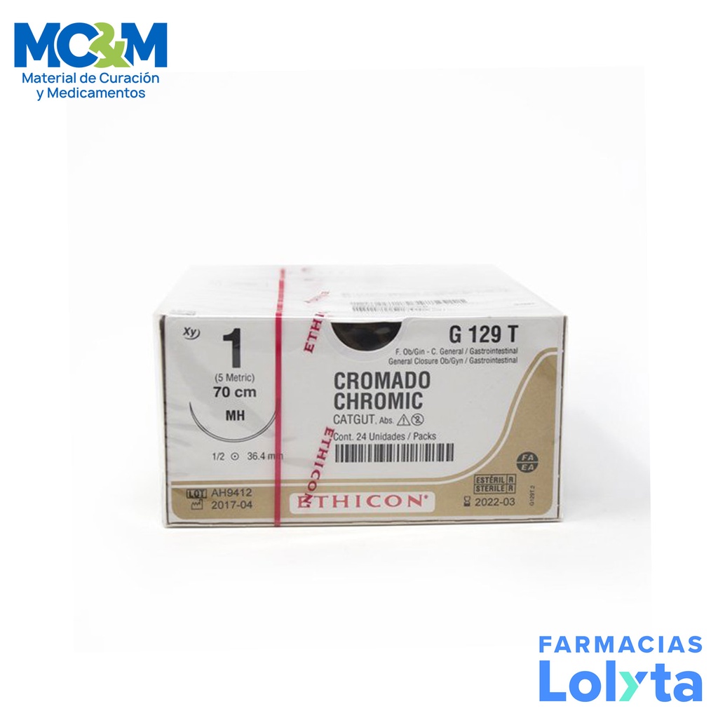 SUTURA CATGUT CROMICO 1 36.4 MM 70 CM MH AHUSADA REDONDA C/12 G129T ETHICON GENERAL/GASTROINTESTINAL