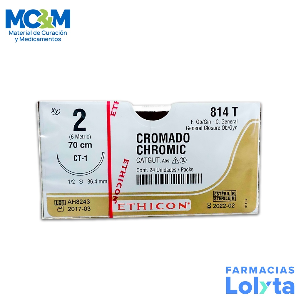 SUTURA CATGUT CROMICO 2 36.4 MM 70 CM CT-1 AHUSADA REDONDA C/12 814T ETHICON GENERAL