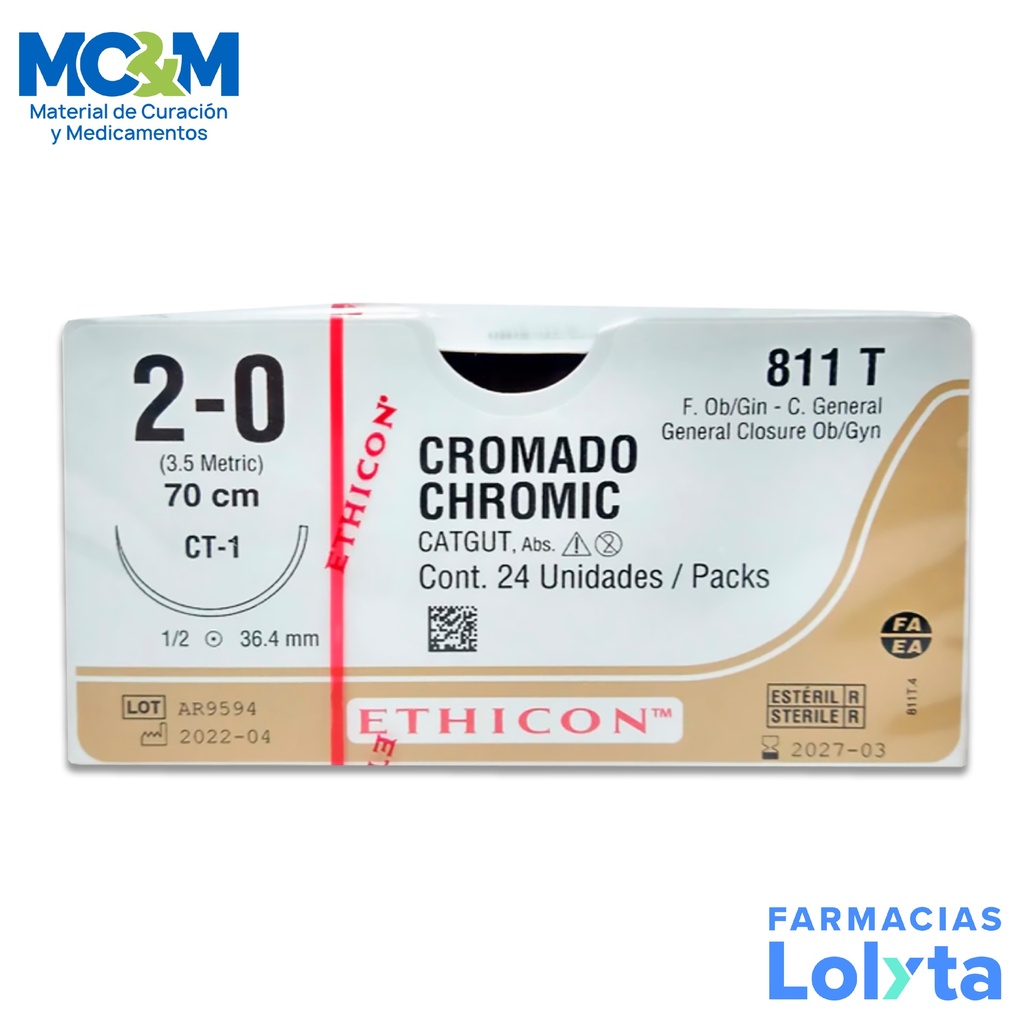 SUTURA CATGUT CROMICO 2/0 36.4 MM 70 CM CT-1 AHUSADA REDONDA C/12 811T ETHICON GENERAL