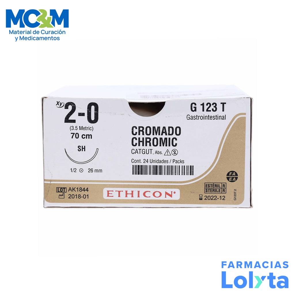 SUTURA CATGUT CROMICO 2/0 26 MM 70 CM SH AHUSADA REDONDA C/12 G123T ETHICON GASTROINTESTINAL