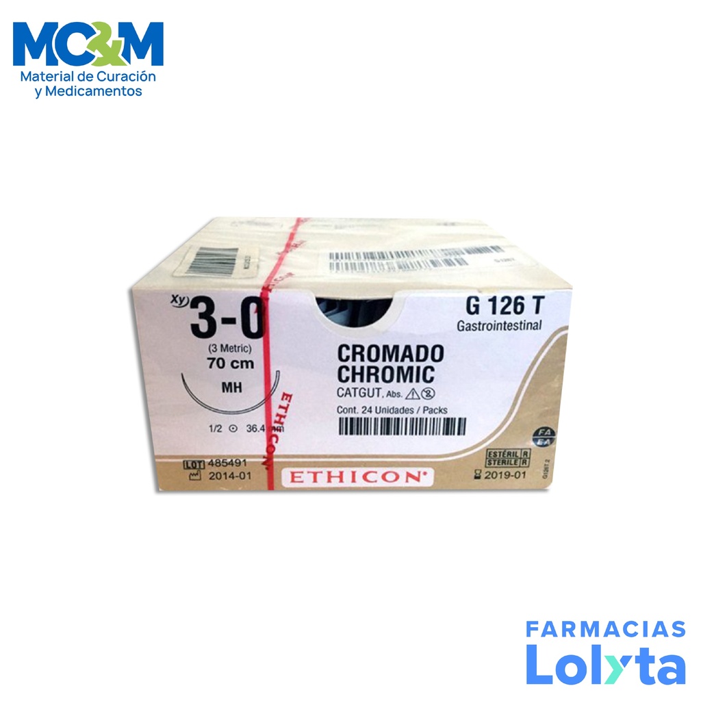 SUTURA CATGUT CROMICO 3/0 36.4 MM 70 CM MH AHUSADA REDONDA C/12 G126T ETHICON GASTROINTESTINAL