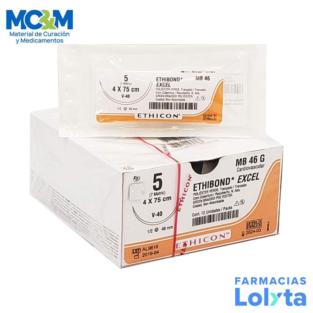 SUTURA ETHIBOND EXCEL 5 48 MM 4 X 75 CM V-40 TAPERCUT POLIESTER VERDE PIEZA MB46G ETHICON