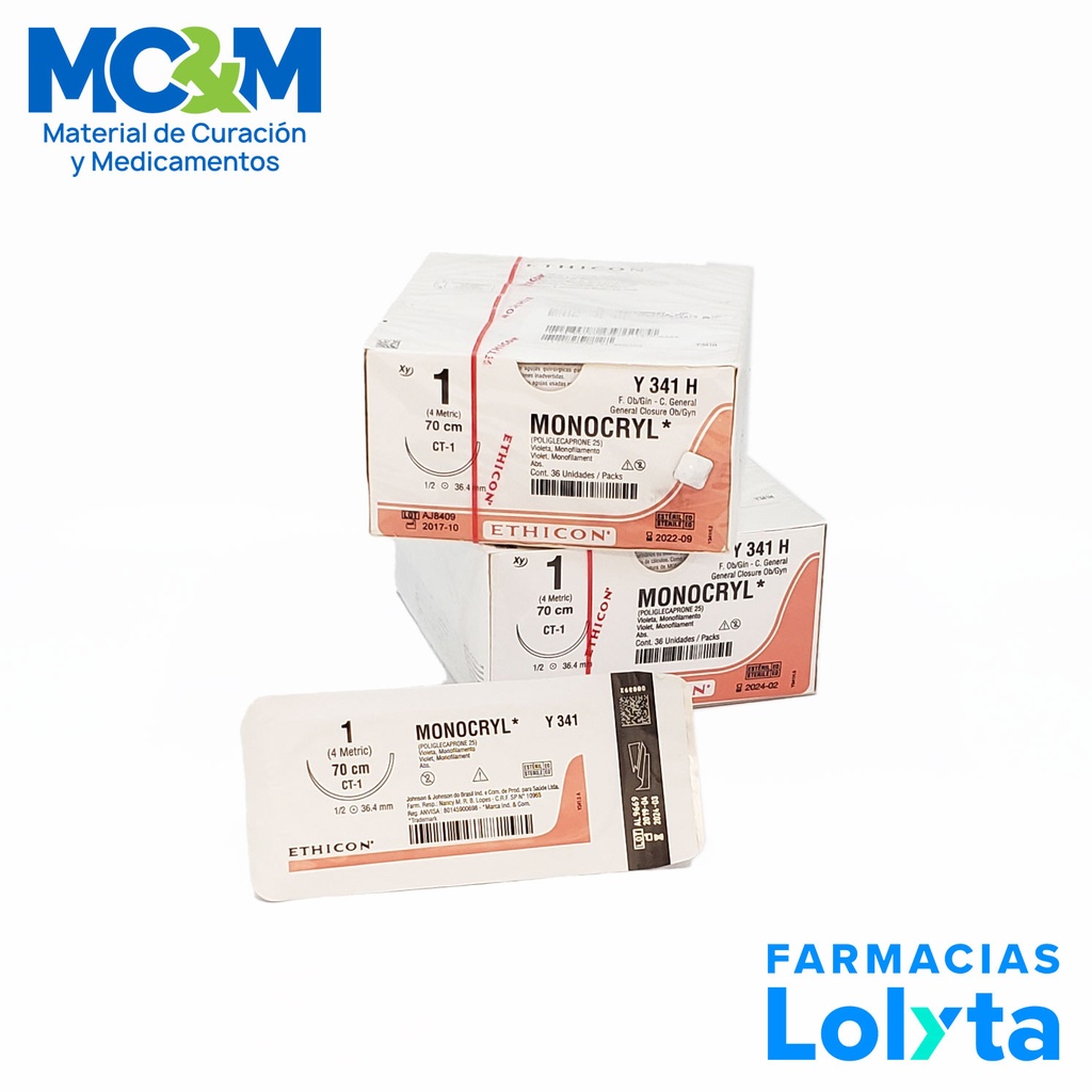 SUTURA MONOCRYL 1 36.4 MM 70 CM CT-1 AHUSADA REDONDA POLIGLECAPRONE 25 C/12 Y341H ETHICON GENERAL
