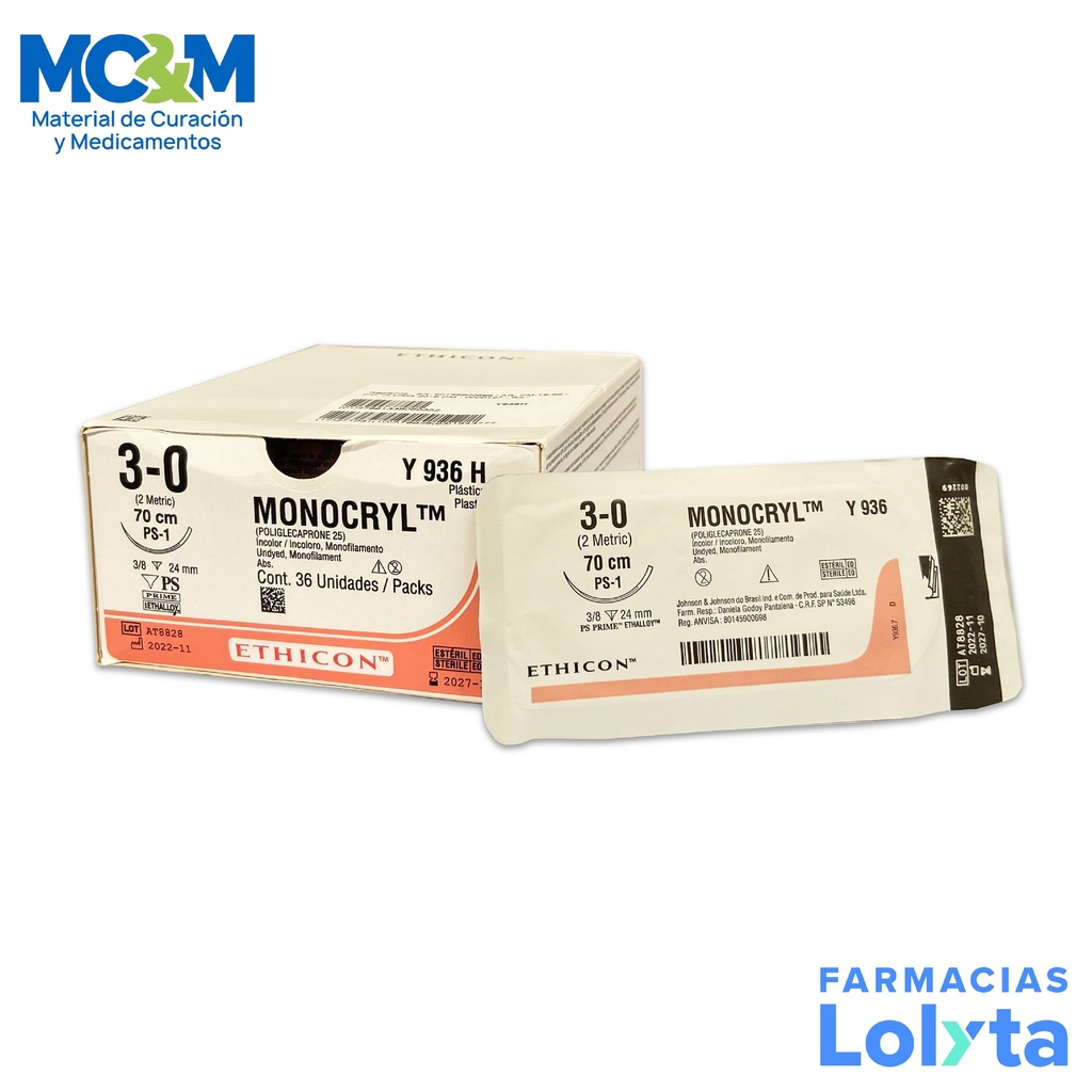 SUTURA MONOCRYL 3/0 24 MM 70 CM PS-1 REVERSO CORTANTE PRIME POLIGLECAPRONE 25 C/12 Y936H ETHICON PLASTICA