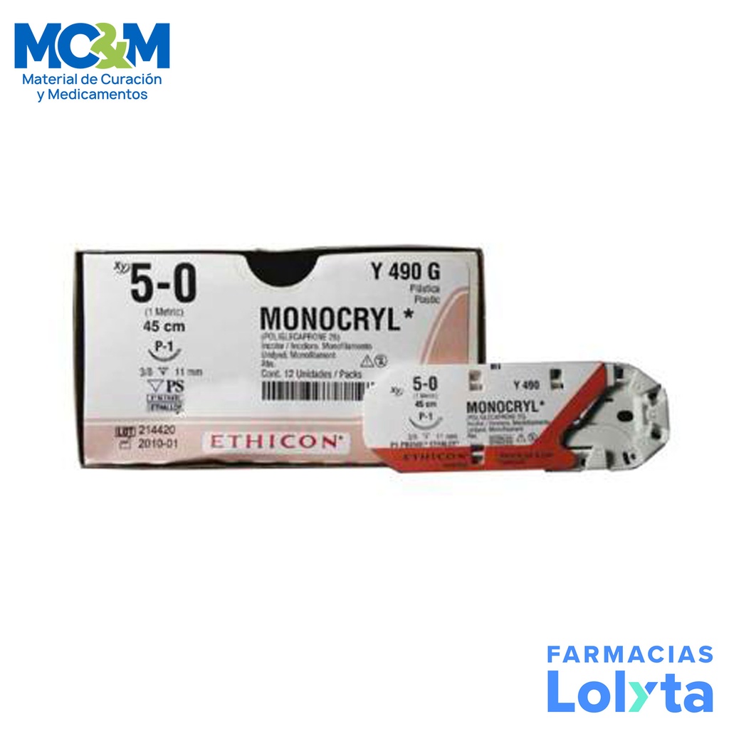SUTURA MONOCRYL 5/0 11 MM 45 CM P-1 REVERSO CORTANTE PRIME POLIGLECAPRONE 25 C/12 Y490G ETHICON PLASTICA