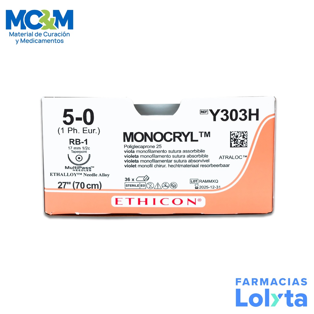 SUTURA MONOCRYL 5/0 17 MM 70 CM RB-1 AHUSADA REDONDA POLIGLECAPRONE 25 C/12 Y303H ETHICON MONOCRYL