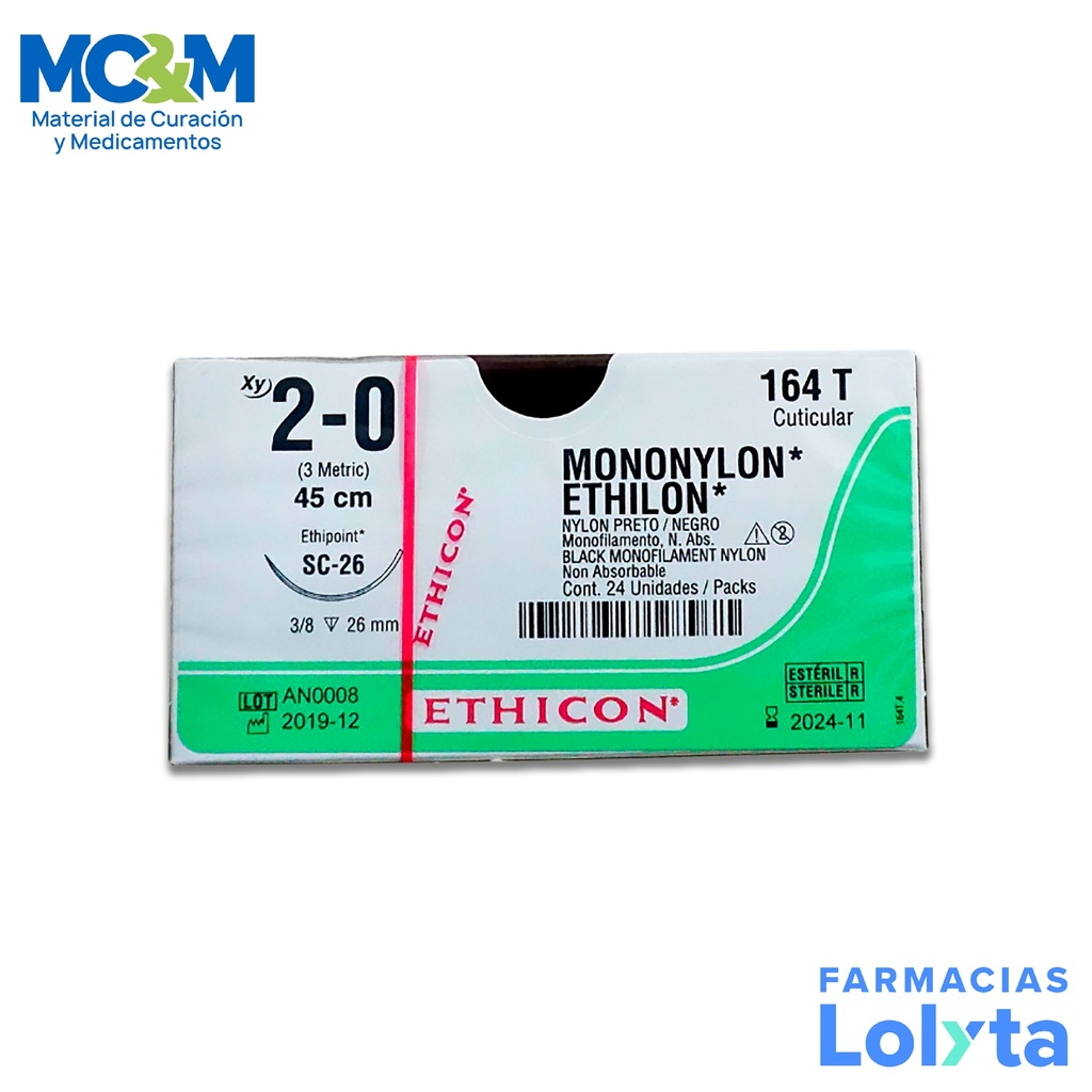 SUTURA MONONYLON ETHILON 2/0 26 MM 45 CM SC-26 REVERSO CORTANTE NYLON C/12 164T ETHICON CUTICULAR