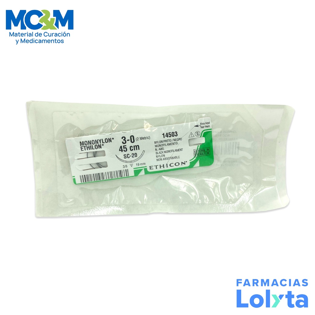 SUTURA MONONYLON ETHILON 3/0 19 MM 45 CM SC-20 REVERSO CORTANTE NYLON PIEZA 14503T ETHICON