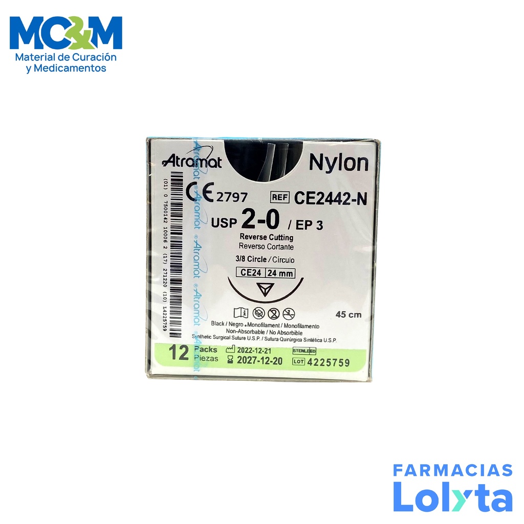 SUTURA NYLON 2/0 24 MM 45 CM 3/8 REVERSO CORTANTE C/12 CE2442-N ATRAMAT