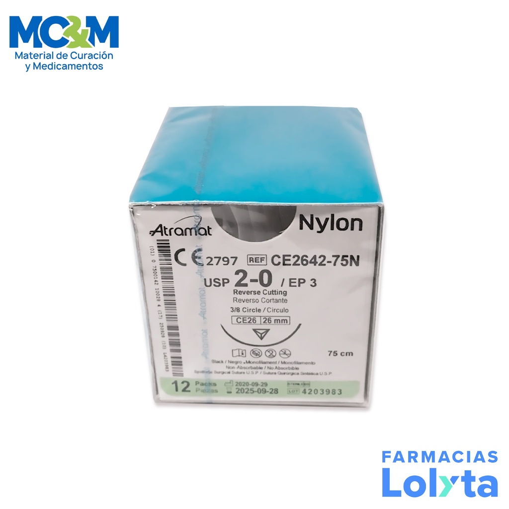 SUTURA NYLON 2/0 26 MM 75 CM 3/8 REVERSO CORTANTE C/12 CE2642-75N ATRAMAT