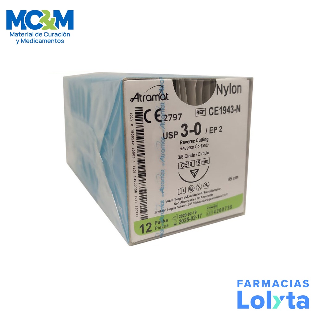 SUTURA NYLON 3/0 19 MM 45 CM 3/8 REVERSO CORTANTE C/12 CE1943-N ATRAMAT
