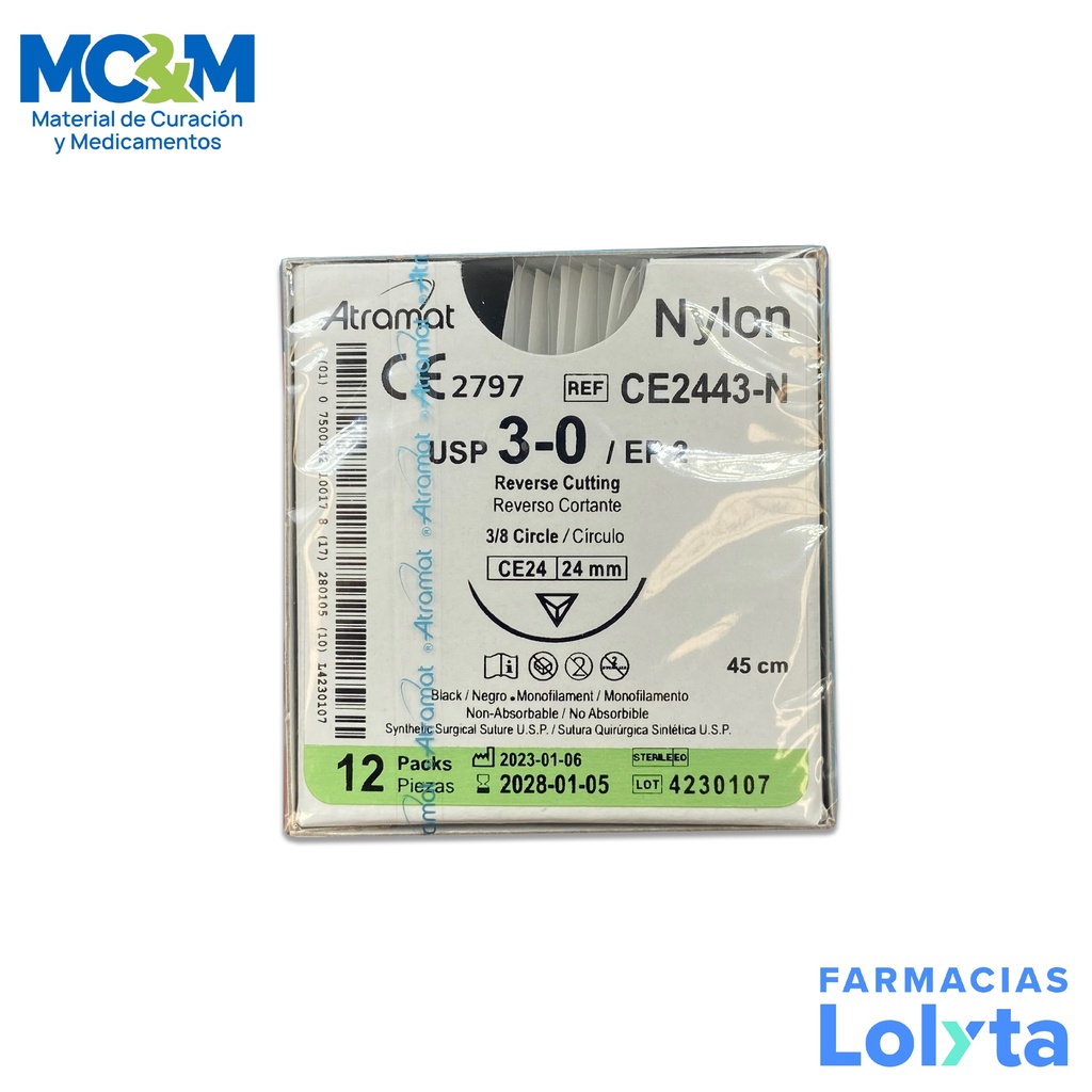 [994] SUTURA NYLON 3/0 24 MM 45 CM 3/8 REVERSO CORTANTE C/12 CE2443-N ATRAMAT