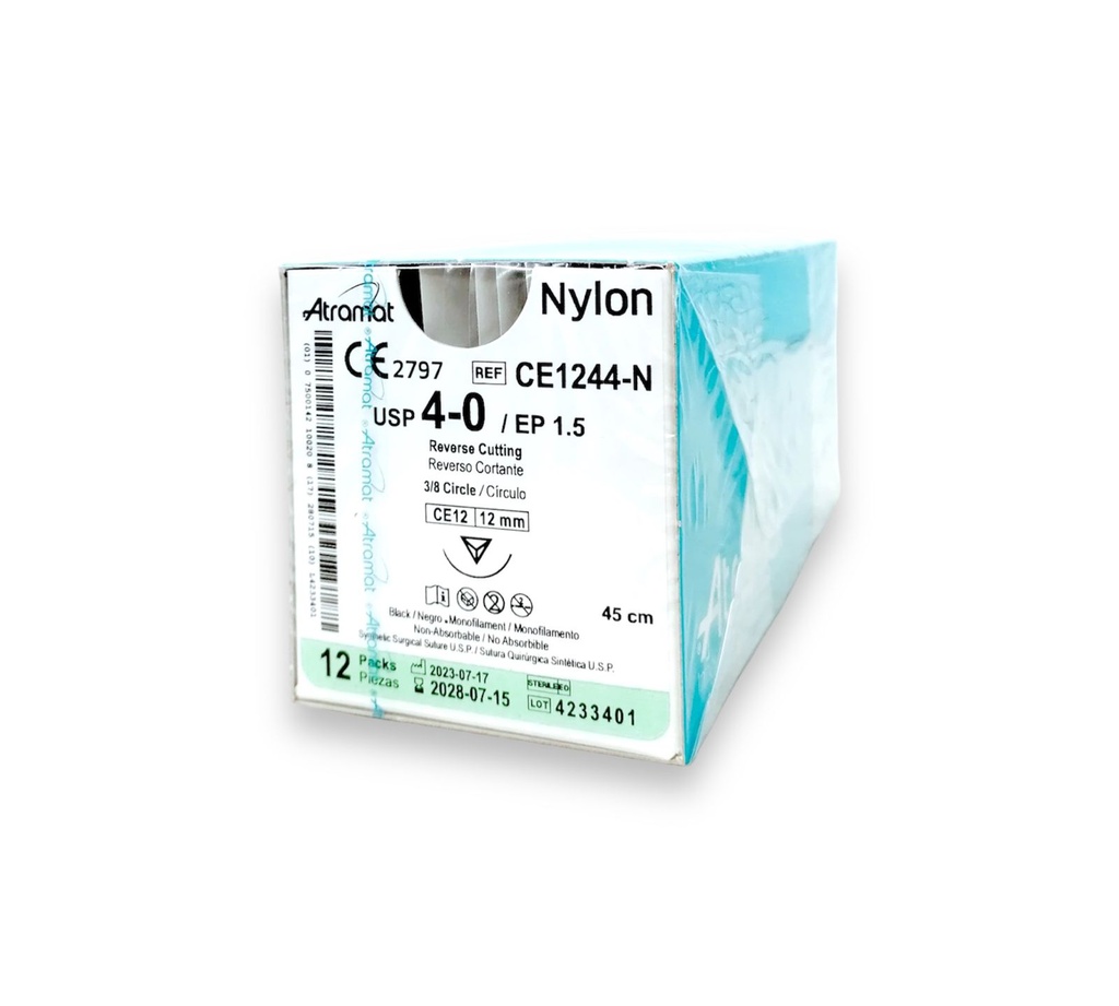 SUTURA NYLON 4/0 12 MM 45 CM 3/8 REVERSO CORTANTE C/12 CE1244-N ATRAMAT