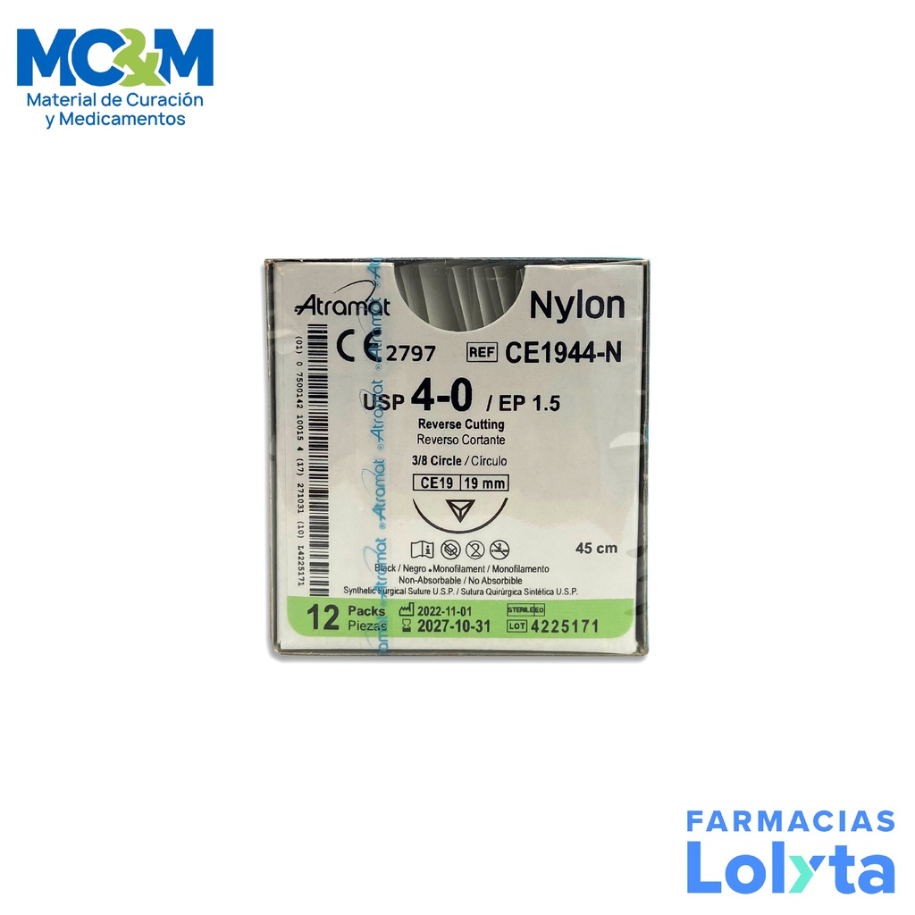 SUTURA NYLON 4/0 19 MM 45 CM 3/8 REVERSO CORTANTE C/12 CE1944-N ATRAMAT