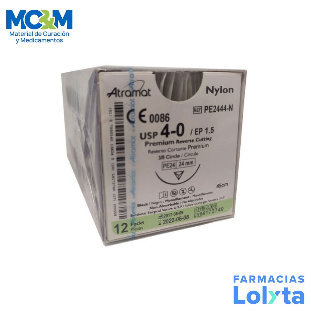 SUTURA NYLON 4/0 24 MM 45 CM 3/8 REVERSO CORTANTE PREMIUM C/12 PE2444N ATRAMAT