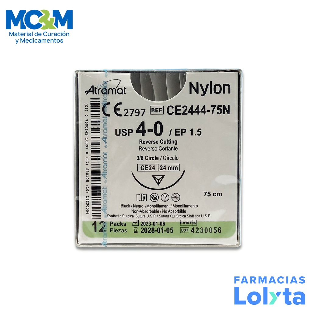 SUTURA NYLON 4/0 24 MM 75 CM 3/8 REVERSO CORTANTE C/12 CE2444-75N ATRAMAT
