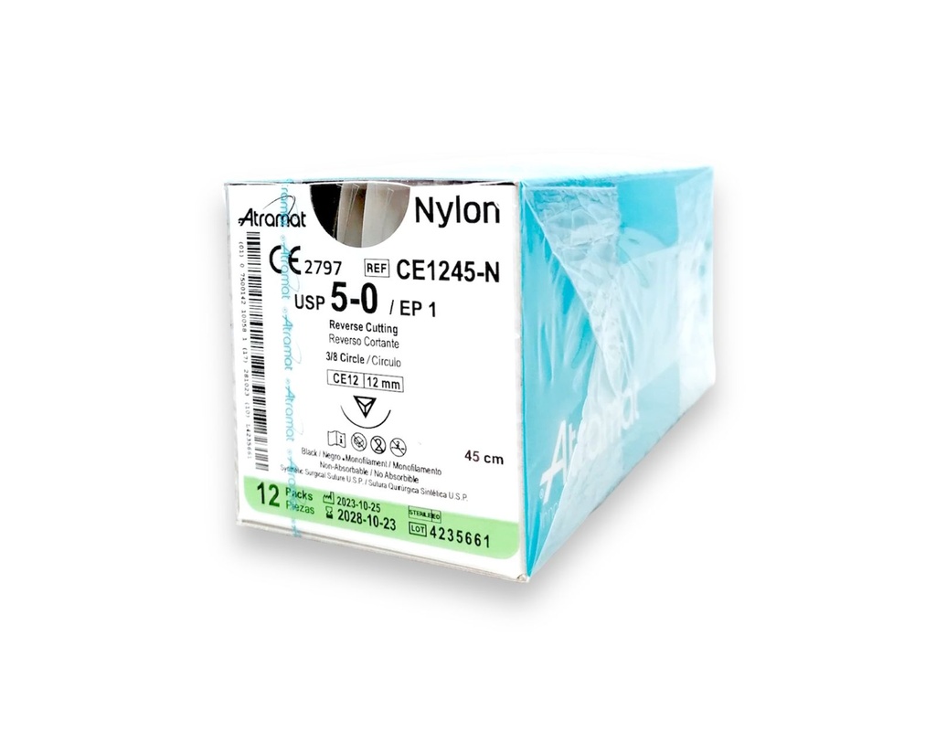 SUTURA NYLON 5/0 12 MM 45 CM 3/8 REVERSO CORTANTE C/12 CE1245-N ATRAMAT