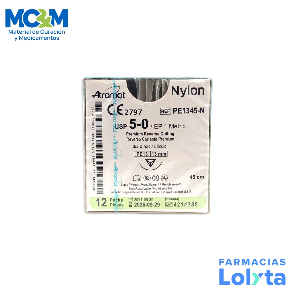 SUTURA NYLON 5/0 13 MM 45 CM 3/8 REVERSO CORTANTE PREMIUM C/12 PE1345-N ATRAMAT