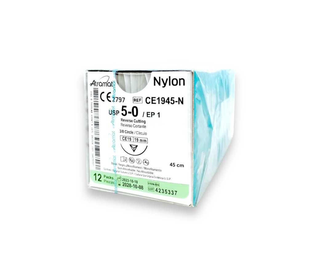 SUTURA NYLON 5/0 19 MM 45 CM 3/8 REVERSO CORTANTE C/12 CE1945-N ATRAMAT