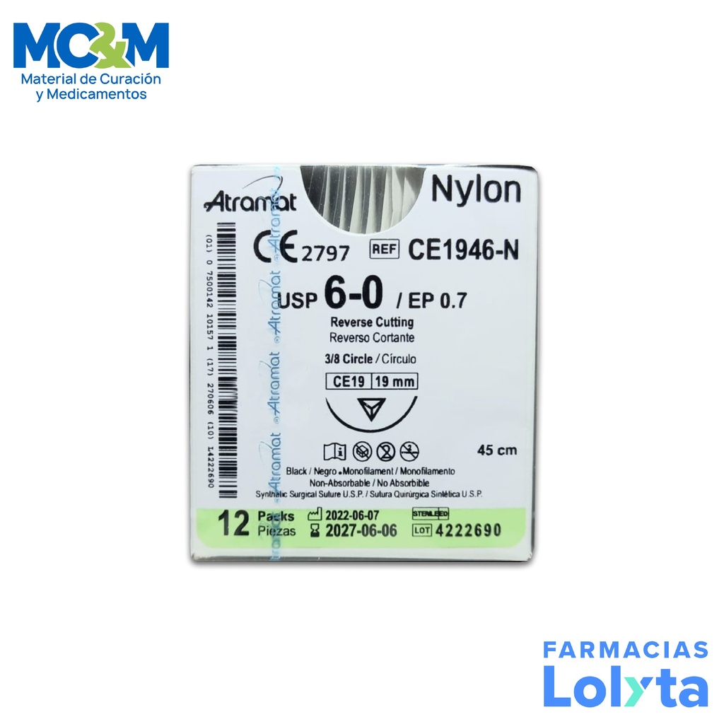 SUTURA NYLON 6/0 19 MM 45 CM 3/8 REVERSO CORTANTE C/12 CE1946-N ATRAMAT