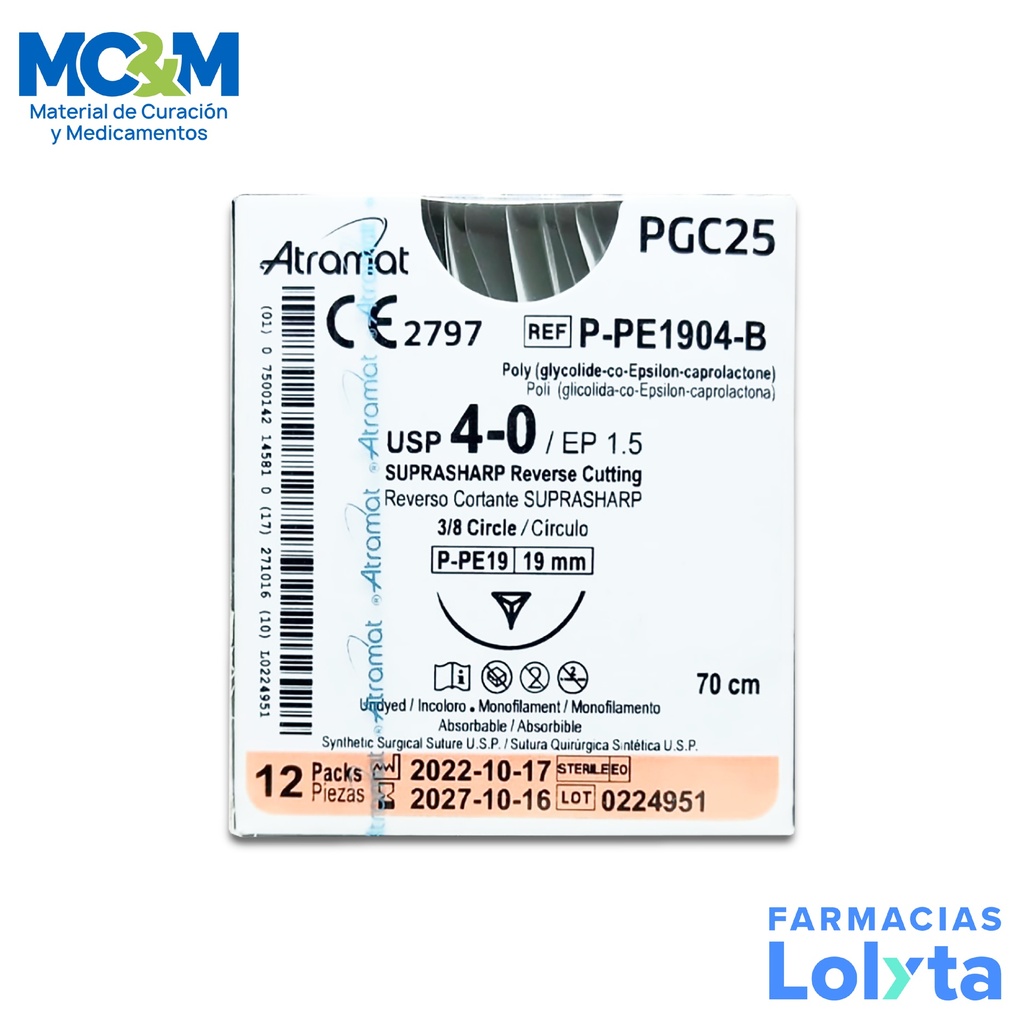 SUTURA POLIGLICOLIDA-CO-EPSILON-CAPROLACTONA 4/0 19 MM 70 CM 3/8 REVERSO CORTANTE SUPRASHARP C/12 P-PE1904-B ATRAMAT PGC25 (MONOCRYL J&J)