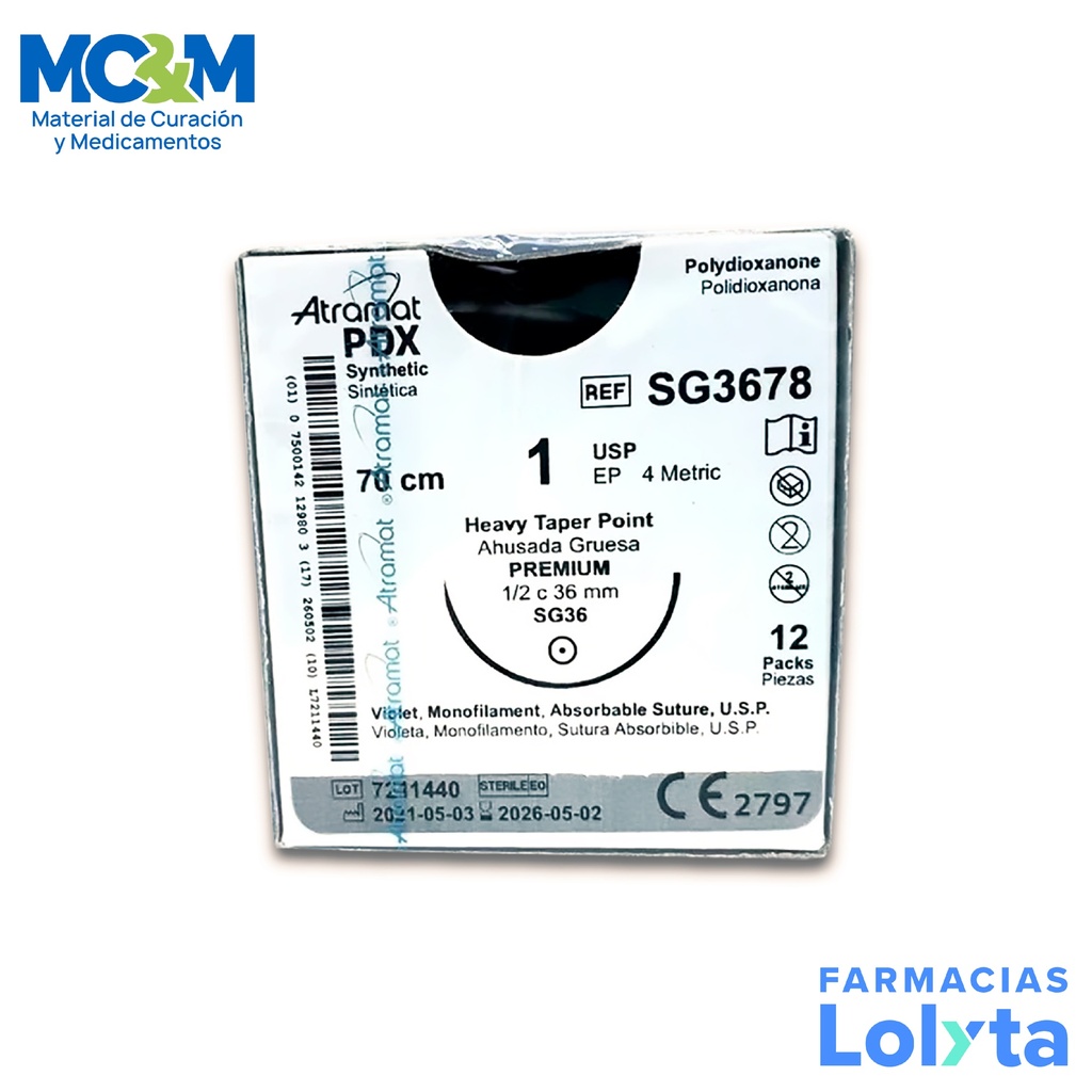 SUTURA POLIDIOXANONA 1 36 MM 70 CM 1/2 AHUSADA GRUESA PREMIUM REDONDA C/12 SG3678 ATRAMAT PDX