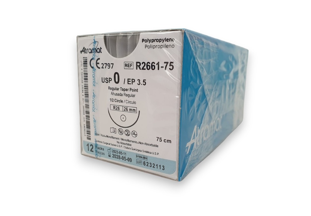 SUTURA POLIPROPILENO 0 26 MM 75 CM 1/2 AHUSADA REGULAR REDONDA C/12 R2661-75 ATRAMAT