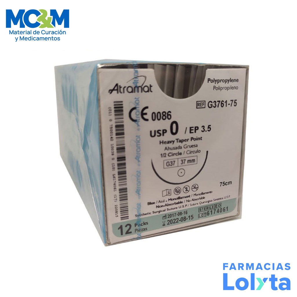 SUTURA POLIPROPILENO 0 37,36 MM 75 CM 1/2 AHUSADA GRUESA REDONDA C/12 G3761-75 ATRAMAT