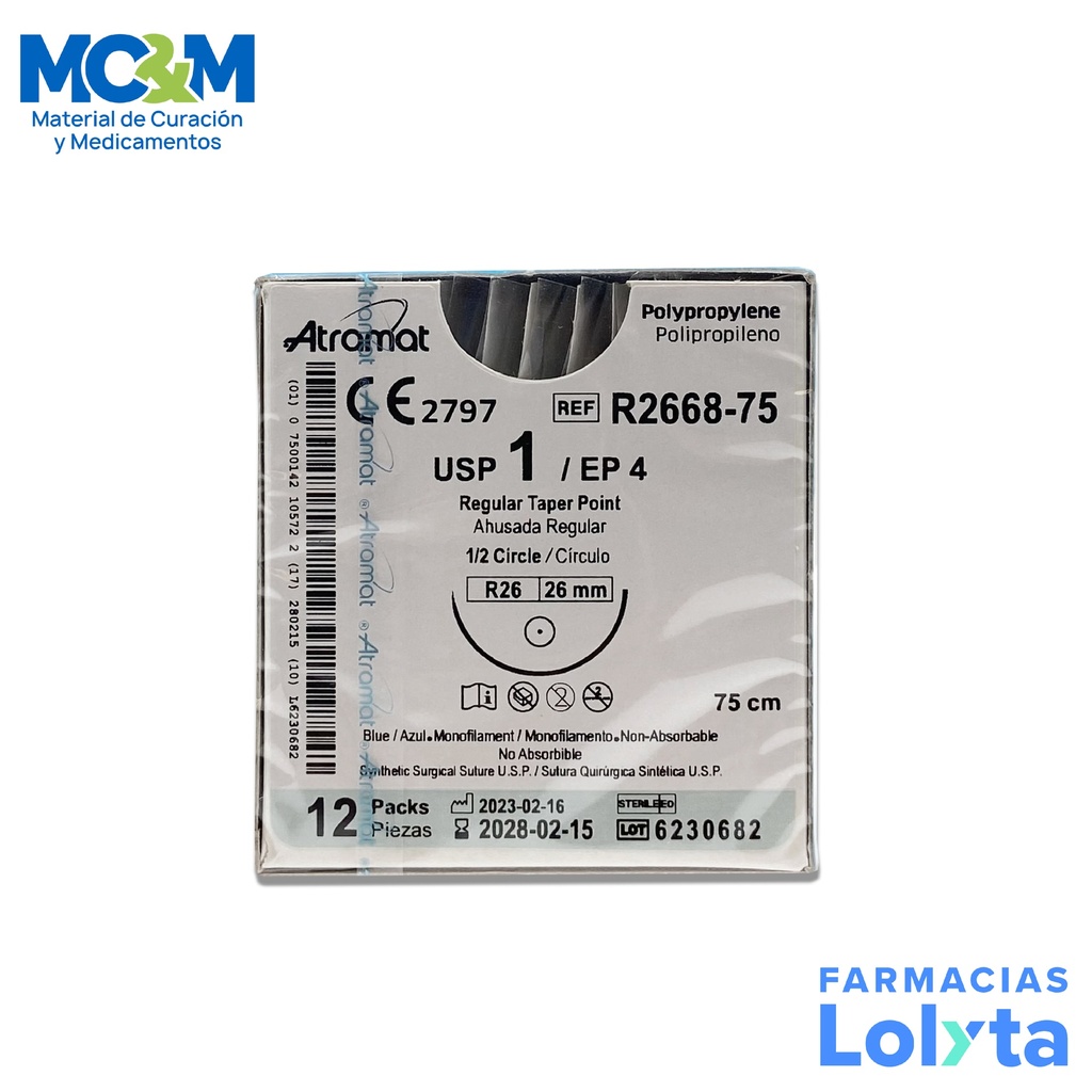 SUTURA POLIPROPILENO 1 26 MM 75 CM 1/2 AHUSADA REGULAR REDONDA C/12 R2668-75 ATRAMAT