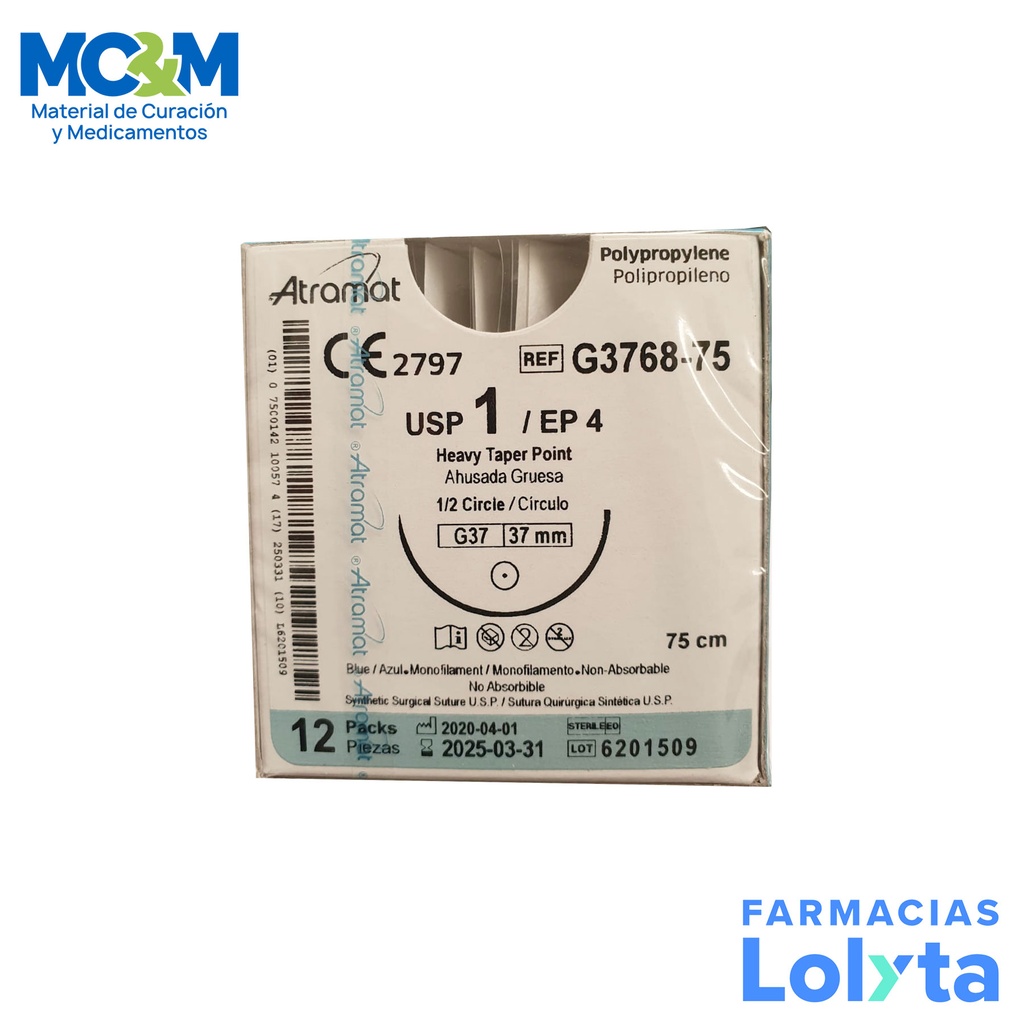 SUTURA POLIPROPILENO 1 37 MM 75 CM 1/2 AHUSADA GRUESA REDONDA C/12 G3768-75 ATRAMAT
