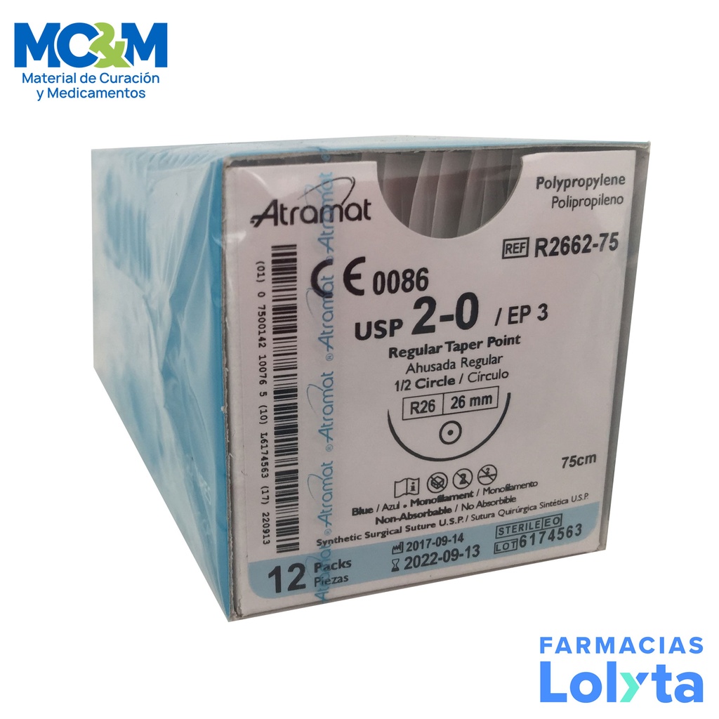 SUTURA POLIPROPILENO 2/0 26 MM 75 CM 1/2 AHUSADA REGULAR REDONDA C/12 R2662-75 ATRAMAT