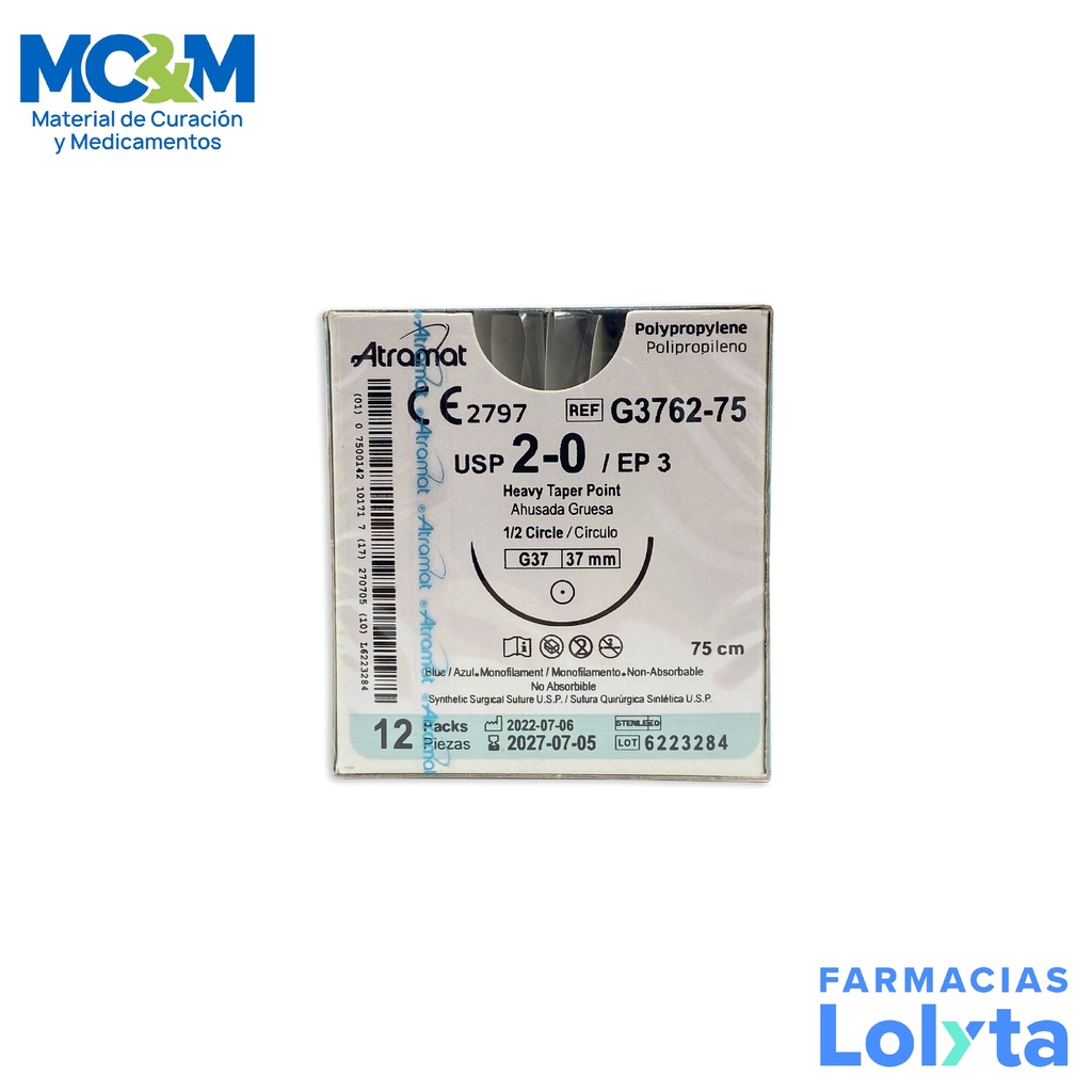 SUTURA POLIPROPILENO 2/0 37,36 MM 75 CM 1/2 AHUSADA GRUESA REDONDA C/12 G3762-75 ATRAMAT